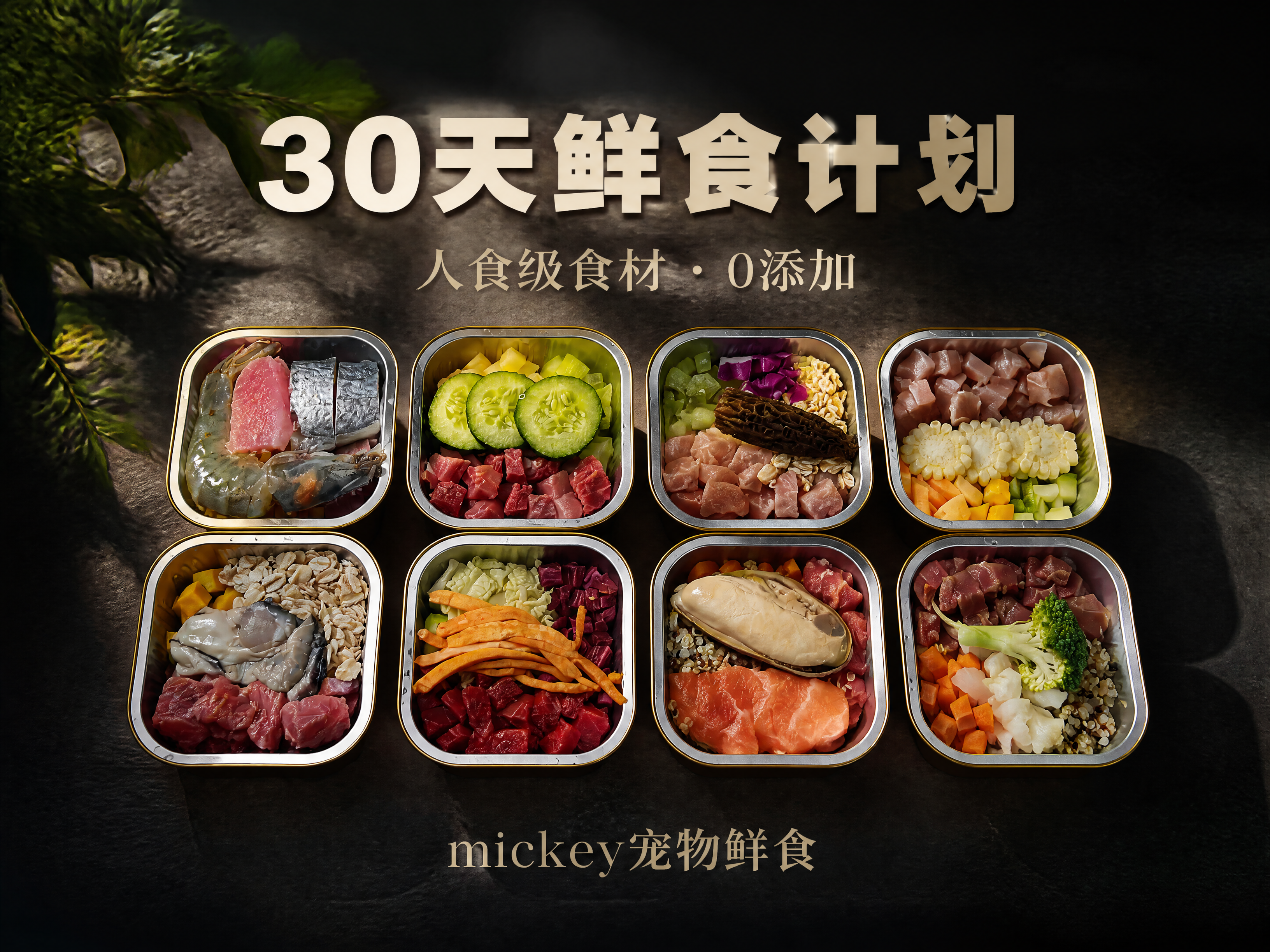 小红书宠物鲜食首图，高端深色质感风格。画面主体是8个铝箔鲜食餐… - 图片创意预览