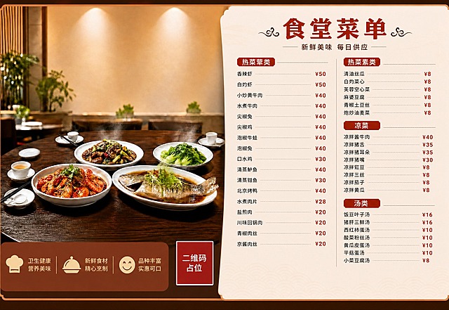 修改这张食堂菜单海报的凉菜价格：将"凉拌酱牛肉 ¥48"改为"凉拌酱牛肉 ¥40"，将"凉拌猪舌 ¥42"改为"凉拌猪舌 ¥35"，将"凉拌猪耳朵 ¥42"改为"凉拌猪耳朵 ¥35"，将"凉拌猪嘴 ¥38"改为"凉拌猪嘴 ¥30"。其他所有内容、版式、配色、构图均保持不变。画面中所有数字必须精确渲染，不得错位、遗漏或编造。