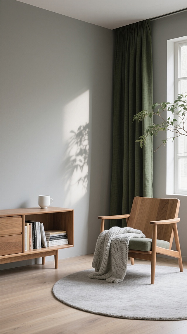 极简主义风格室内场景，暖灰色墙面，深橄榄绿亚麻窗帘，浅灰色实木地板，原木色边柜上摆放着白色陶瓷杯，柜内整齐排列书籍，旁边是原木色扶手椅，椅上搭着浅灰色针织毯，地面铺着浅灰色圆形地毯，柔和的自然光从右侧窗户洒入，在墙面形成植物枝叶的投影，整体营造出宁静、舒适、自然的居家氛围，空间布局简洁有序，线条流畅，材质纹理清晰可见，光影过渡柔和自然。