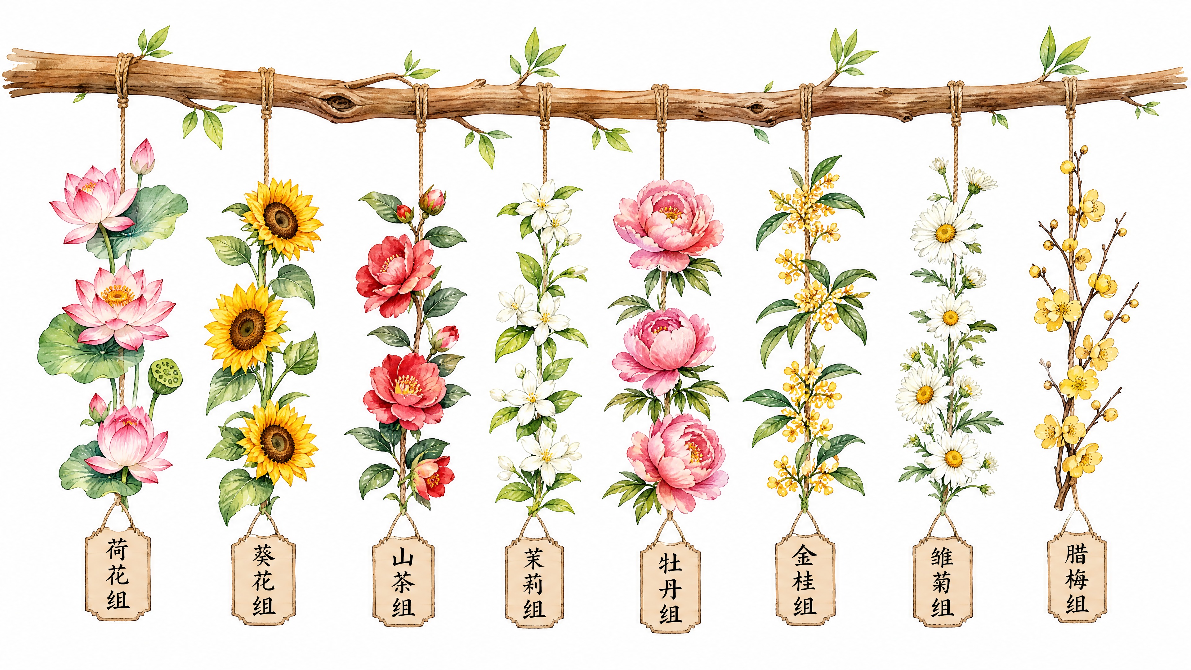一根横向的木质主枝从画面左侧延伸到右侧，主枝下方垂挂着8串不同… - 图片创意预览