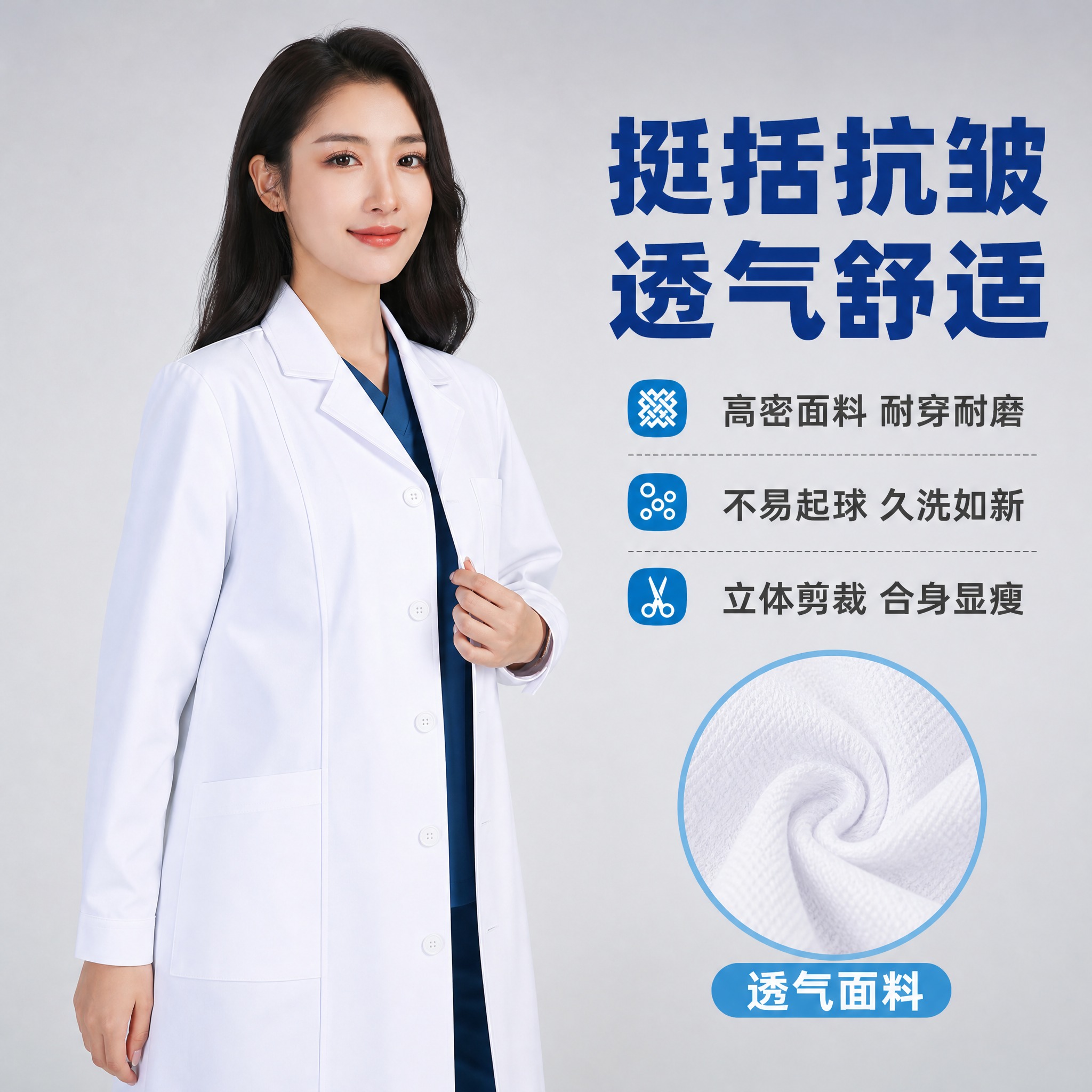 [主图-2] 科尼酷白大褂 面料与版型功能展示图 突出抗皱透气… - 图片创意预览