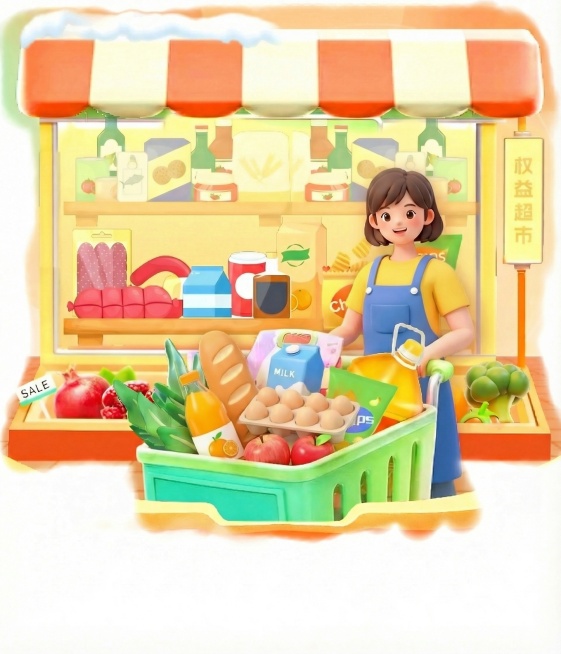 生成一张一模一样的图，将图中的人物衣服换成T恤，将购物车里面万家和永辉超市两个logo删除，并替换成合适的商品预览效果