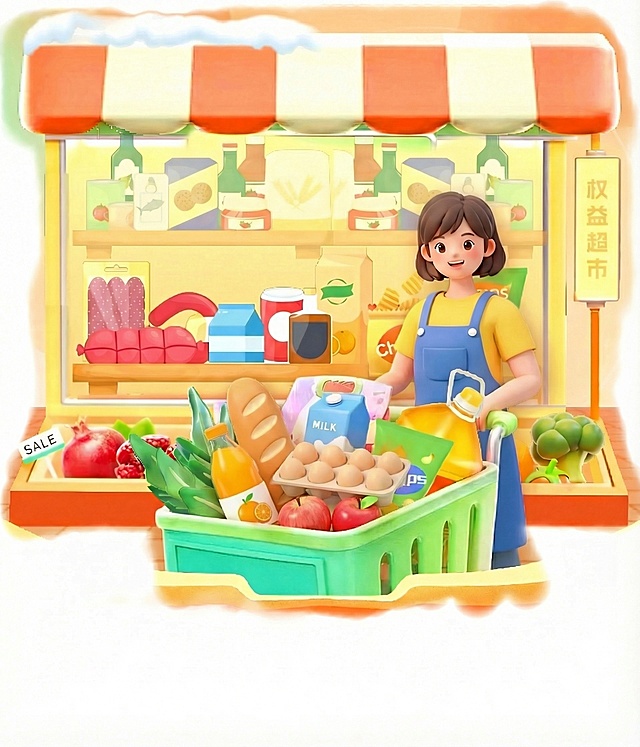 生成一张一模一样的图，将图中的人物衣服换成T恤，将购物车里面万家和永辉超市两个logo删除，并替换成合适的商品