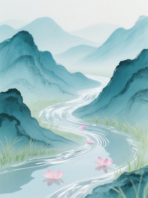 水墨晕染般的青色山峦轮廓间，灵动的银色溪流蜿蜒似绸带，随山势起伏有缓急之态，溪面浮着几片淡粉花瓣，四周环绕着浅绿的新生草芽，构图遵循黄金分割，色调为清新的青绿与粉白搭配，尽显清幽自然的中式意境。预览效果