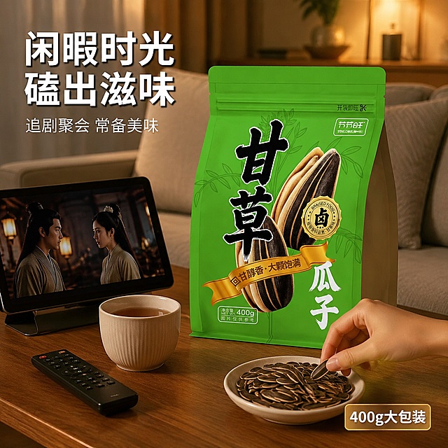 [主图-4] 场景与体验-追剧休闲食用场景。
[氛围风格] 温馨生活方式风，休闲治愈，真实居家场景感。
[画质] 商业摄影质感、光线柔和、场景自然真实。
[元素] 画面为沙发茶几休闲场景：浅灰色布艺沙发一角，木质茶几上放着节节旺甘草瓜子绿色包装袋（正面展示，占比约40%），旁边有打开的平板播放剧集、一副遥控器、一杯热茶、一个装着瓜子的小碟子；一只手（仅露出手部局部）正从碟中拿取瓜子；背景为虚化的客厅环境，有窗帘和绿植，暖光氛围。**保持产品包装袋外观（即物理结构、材质质感、颜色、文字图案）与输入产品图绝对一致，杜绝任何变形和色差**。产品放在茶几上有真实接触阴影，场景自然不刻意。画面禁止出现多余的手、畸形手、手部扭曲，仅展示拿取瓜子的手部局部。
[光影] 暖色调客厅灯光，顶部主光+侧面台灯补光，整体温馨柔和；产品表面有自然高光，茶几有柔和反光；营造夜晚追剧的舒适氛围。
[配色] 主色 #2E7D32 深绿（包装）；辅色 #8D6E63 木色、浅灰沙发、暖黄灯光。
[视角构图] 45°俯视茶几视角，产品包装袋为视觉中心；前中后景分层，景深中等，场景沉浸感强。
[文字版式] 左上主标题「闲暇时光 磕出滋味」黑体白色字带阴影；副标题「追剧聚会 常备美味」浅白色小字；右下金色小标签「400g大包装」；文字占比<30%，放在负空间，不遮挡产品和手部。
[输出要求] 1:1比例，800×800px，文字清晰锐利，超高清商业摄影质感。
[负向提示词] 包装变形，包装文字错乱，场景模糊，水印，文字过小，多余的手，畸形手，手部扭曲，人物面部扭曲，电商平台Logo。