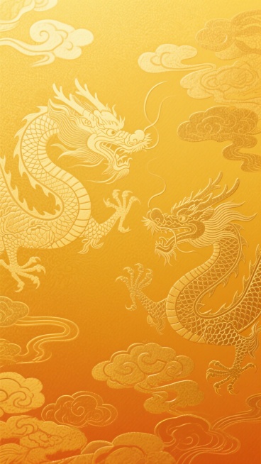 一张东方韵味的金色背景图，保留原图从顶部明亮金黄色到下部稍暗橙金色的渐变配色，将原有的细腻磨砂纹理改变为具有质感的暗纹图案，暗纹以传统龙纹和云纹为主要元素，龙纹线条流畅威严，云纹飘逸舒展，整体呈现出庄重典雅、富有传统文化气息的视觉效果，金色背景光泽柔和，暗纹若隐若现，营造出高贵而内敛的东方美学氛围。预览效果