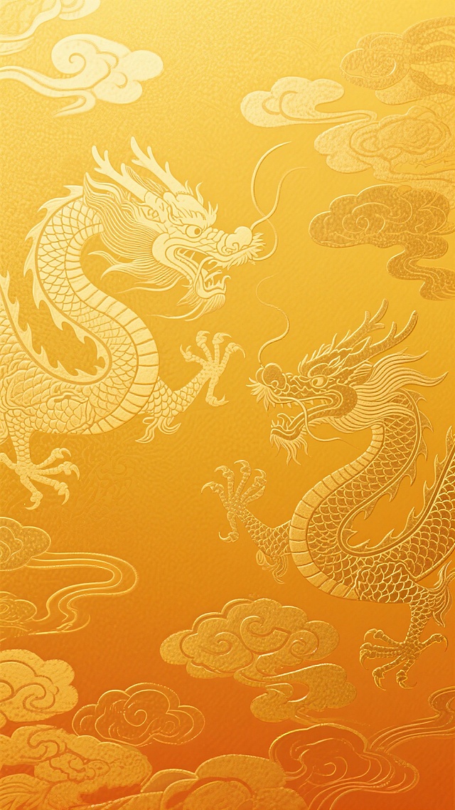 一张东方韵味的金色背景图，保留原图从顶部明亮金黄色到下部稍暗橙金色的渐变配色，将原有的细腻磨砂纹理改变为具有质感的暗纹图案，暗纹以传统龙纹和云纹为主要元素，龙纹线条流畅威严，云纹飘逸舒展，整体呈现出庄重典雅、富有传统文化气息的视觉效果，金色背景光泽柔和，暗纹若隐若现，营造出高贵而内敛的东方美学氛围。
