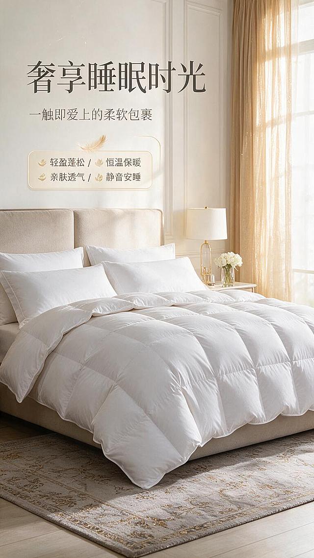 [商品] 使用【图1】白色匈牙利进口白鹅绒被；保留立衬方格结构、纯白色调、蓬松形态；自然铺展在床上，展现整体铺设效果与垂坠感。
[画面] 第2张·场景种草：目标营造卧室沉浸代入感，单场景沉浸型构图；被子完整铺在高端主卧大床上，搭配同色系枕头和床品套件，床边有轻奢床头柜、台灯和花艺装饰，窗边柔和自然光洒入；左文右图布局，文字区在左侧约30%，产品在右侧约70%；三层视觉：前景地毯/中景床品卧室/后景窗景自然光。
[视觉] 套系策略：风格=轻奢高端家纺商业摄影；标题字=优雅衬线粗体+现代无衬线组合；正文字=简洁现代无衬线体；主色=纯净暖白；背景延展=基于暖白做深浅层级、香槟金渐变和细腻织物/大理石质感；强调色=香槟金，仅用于小面积图标、引线、装饰线条和标签；标题色=深炭灰；正文色=中暖灰；组件=圆角浅金信息卡、细线引线、羽毛装饰元素；光影=左前侧暖柔光，柔和自然阴影。
[文字] 左侧文字区：主标题"奢享睡眠时光"，副标题"一触即爱上的柔软包裹"，下方4个体验短句"轻盈蓬松 / 恒温保暖 / 亲肤透气 / 静音安睡"，配小图标。
[规格] 图片比例9:16竖版，1K分辨率，避免变形、错字、文字过小、冷蓝背景、颜色改变、版型失真。