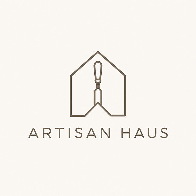 设计简约风品牌logo，品牌名称为"Artisan Haus"，含义为工匠之家，适合创意工坊和手工艺品店使用，整体简约现代，干净的线条，体现工匠精神的精准与专业，传递专业技艺与温馨归属的感觉