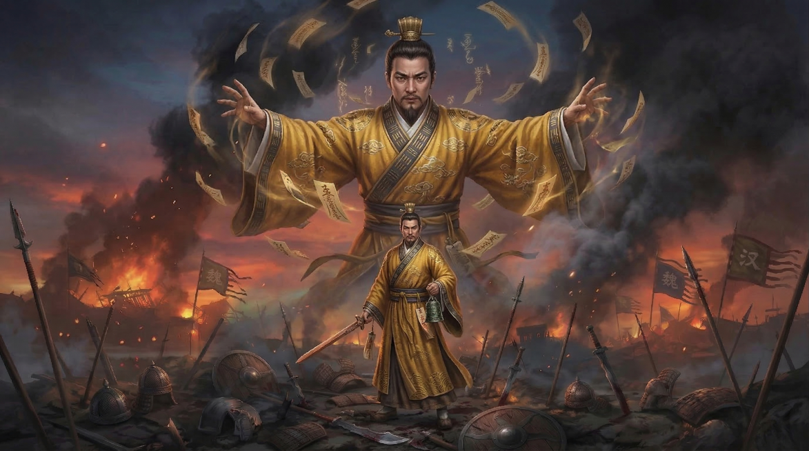 参考原图的构图，背景是三国古战场，燃烧的营寨、硝烟、散落的兵器，中间是小型的三国祭师兵种建模，穿着黄色道袍，后方是同一位祭师的大幅立绘，整体风格写实厚重预览效果