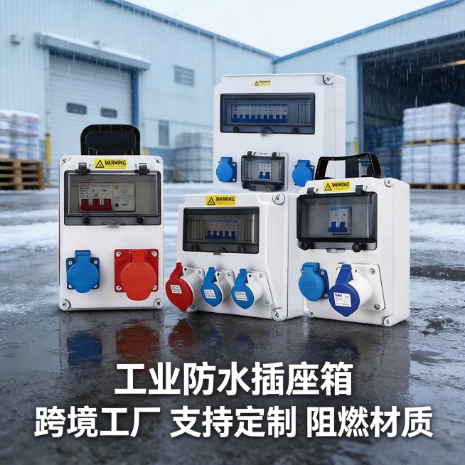 将背景替换为户外冷链仓储场景，突出工业防水插座箱在低温高湿环境的稳定性，添加文字"工业防水插座箱 跨境工厂 支持定制 阻燃材质"，打造冷链仓储场景的电商主图预览效果