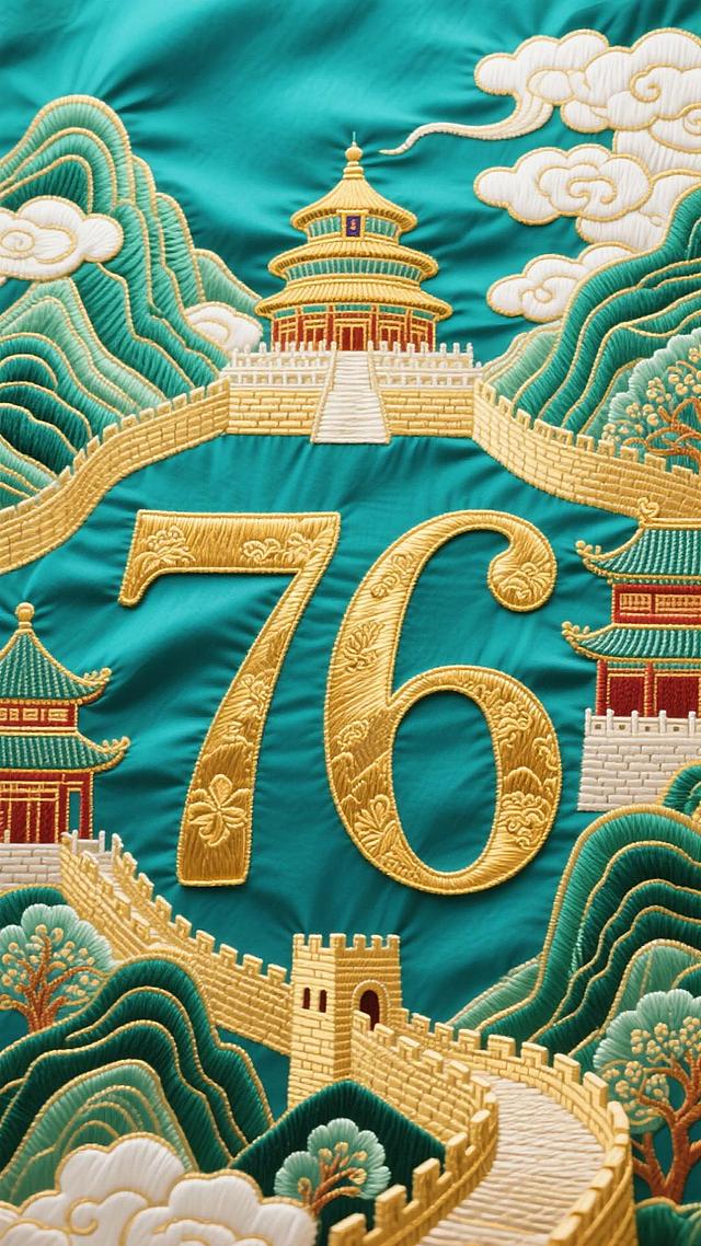 刺绣风融合工笔细节，以金线勾勒天坛、长城与祥云，呈现国潮风中的中式古典奢华。数字“76”浮雕式设计，寓意国庆庆典，整体唯美优雅，尽显民族复古之美。