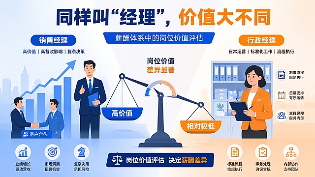 微信公众号文章插图，主题为薪酬体系中的岗位价值评估。画面左右对比展示两个岗位：左侧是销售经理，站在上升的业绩图表和客户握手场景前，代表高价值、高营收影响、复杂决策；右侧是行政经理，在整齐的文件柜和标准化流程图标前，代表日常运营、标准化工作。中间有一个天平或标尺，显示两个岗位价值的差异。画面上方有醒目标题文字："同样叫'经理'，价值大不同"。整体风格为扁平化商务插画，蓝橙对比色调，专业清晰，适合公众号阅读。