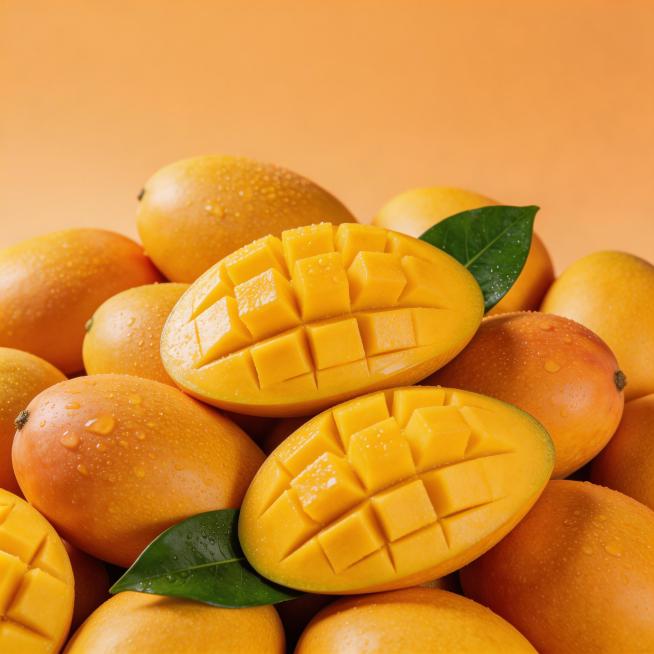 专业美食静物摄影，8K超高清，极致写实，浓郁热带清新质感，暖调明亮风格，画面以芒果为核心主体。整个画面铺满大量饱满的芒果，表皮为暖橙黄色，表面布满细密的果点与晶莹剔透的水珠，果皮光滑有光泽，形态小巧椭预览效果