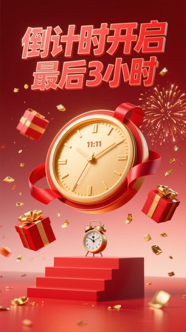 红色渐变背景中央，是金色圆形时钟，时针分针指向 “11:11”，时钟边缘装饰红色丝带；时钟上方用红色艺术字 “倒计时开启”，下方是红色立体字 “最后 3 小时”；周围悬浮红金礼盒（礼盒上有倒计时数字）预览效果
