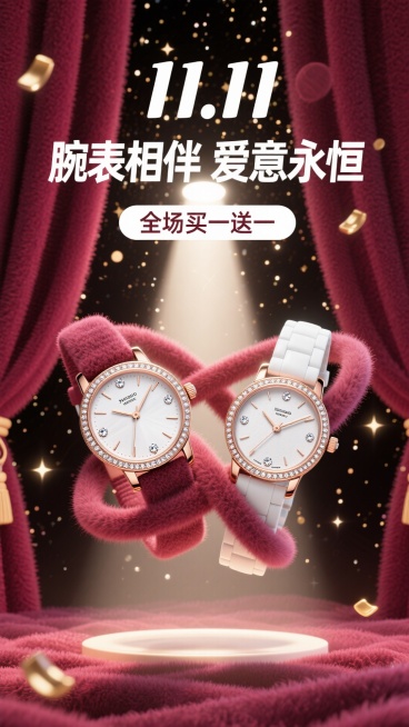海报采用深邃的勃艮第酒红色背景，犹如天鹅绒幕布。画面中央，一道光束打下，聚焦于一对优雅交叉的男女款奢华腕表。表盘上的钻石与金属细节在光线下熠熠生辉，仿佛悬浮于璀璨星河之中。背景中若隐若现的金色光斑，如预览效果