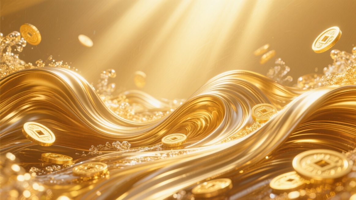 金色拉丝金属质感背景，呈现流畅动感的波浪线条，光线从上方洒落形成明亮高光与柔和阴影，整体色调为暖金色系，融入流动的金色水流形态与闪耀的金币元素，营造出庄重典雅且富有繁荣气息的中式氛围，视觉层次分明，以预览效果