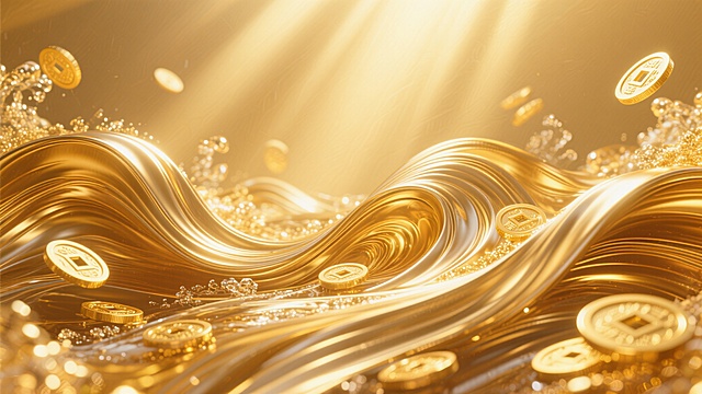 金色拉丝金属质感背景，呈现流畅动感的波浪线条，光线从上方洒落形成明亮高光与柔和阴影，整体色调为暖金色系，融入流动的金色水流形态与闪耀的金币元素，营造出庄重典雅且富有繁荣气息的中式氛围，视觉层次分明，以金色为主导传达国运昌荣的主题