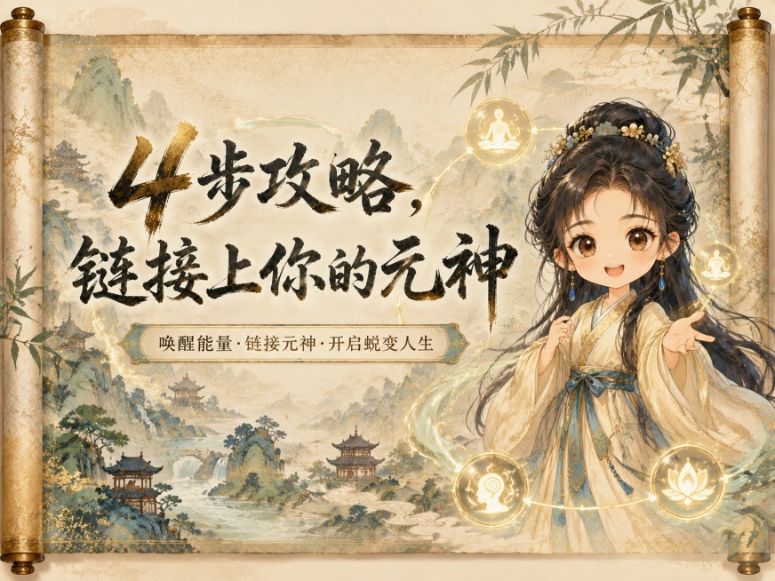 内容封面，古色古香风格，羊皮纸卷轴背景搭配青绿山水国画元素，使用上传图片中人物的五官绘制Q版古风人物IP形象，主标题文字为"4步攻略，链接上你的元神"，所有设计元素与主标题主题呼应，文字清晰可读，版式预览效果