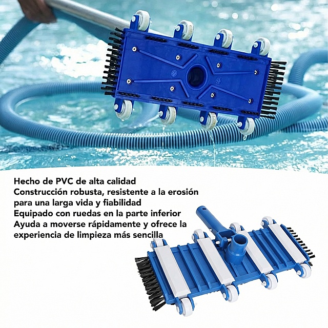 将图片中的英文替换为西班牙语："Hecho de PVC de alta calidad
Construcción robusta, resistente a la erosión
para una larga vida y fiabilidad
Equipado con ruedas en la parte inferior
Ayuda a moverse rápidamente y ofrece la experiencia de limpieza más sencilla"