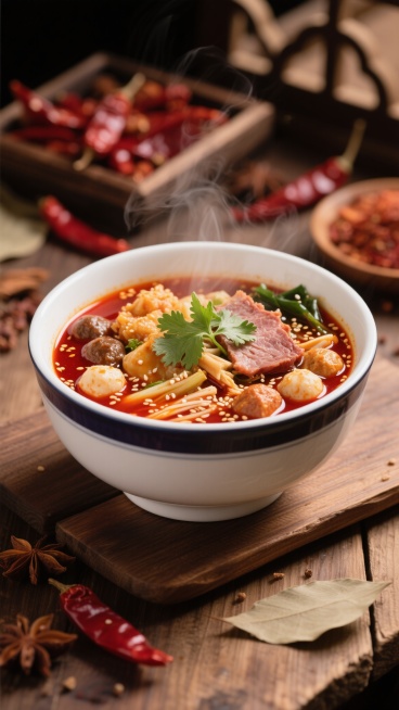 高清美食摄影，一碗热气腾腾的麻辣烫，汤色红亮浓郁，表面漂浮着芝麻和香菜，碗内食材丰富多样，有肉片、蔬菜、丸子等，碗具为白色带深色边缘的陶瓷碗，放置在木质桌面上，背景有干辣椒、香料等元素，整体色调以红色和棕色为主，光线柔和，营造出温暖诱人的氛围，干净风格，适合作为背景素材使用预览效果