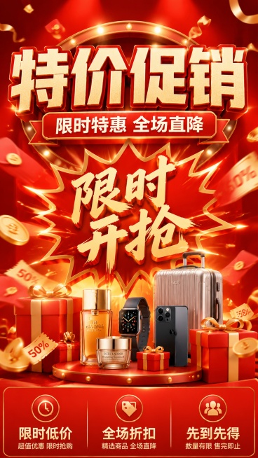 写实商业促销风格特价促销海报，主标题"特价促销"，副标题"限时特惠 全场直降"，装饰文案"限时开抢"，卖点标签：限时低价、全场折扣、先到先得。整体采用红金色暖调促销配色，顶部居中主标题，中部利益点爆炸预览效果