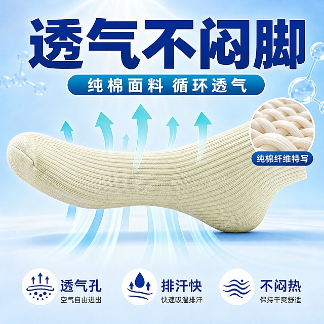 [主图-3] 透气功能展示图，证明袜子透气不闷脚的特点。
[统一基调] 拼多多风格，大字直白，性价比感强；背景主色为明亮浅蓝色渐变（清凉感），标题字色为深蓝色，辅助字色为白色，强调色为青绿色；字体为粗黑体，字号层级分明，大标题最大最粗，辅助文字缩小60%以上；卡片采用圆角矩形，带轻微阴影。
[画面] 浅米黄色竖条纹纯棉中筒袜（与原图产品外观一致）横向放置在画面中央，占画面约50%。袜子下方有气流从下往上穿过袜子的可视化效果，用半透明的蓝色流线型箭头表示透气，箭头从袜子底部穿过面料从上方出来，直观展示透气性。袜子旁边放一小片纯棉面料特写小图，展示面料纤维结构。背景有淡淡的水分子或空气分子装饰元素。
[光影质感] 清凉通透的光感，主光从上方打下，袜子纯棉材质清晰，气流效果柔和自然，不夸张。
[配色] 背景为浅蓝色到白色渐变（清凉透气感），主标题深蓝色，透气元素青蓝色，整体清爽干净。
[文字版式] 画面顶部大标题"透气不闷脚"，深蓝色粗黑体，字号最大。标题下方一行"纯棉面料 循环透气"，白色字体。画面底部三个小图标加文字，分别是"透气孔"、"排汗快"、"不闷热"，每个配简单图标，深蓝色字。
[输出要求] 1:1正方形比例，文字清晰锐利，产品清晰，无变形错字，无水印，无平台Logo。