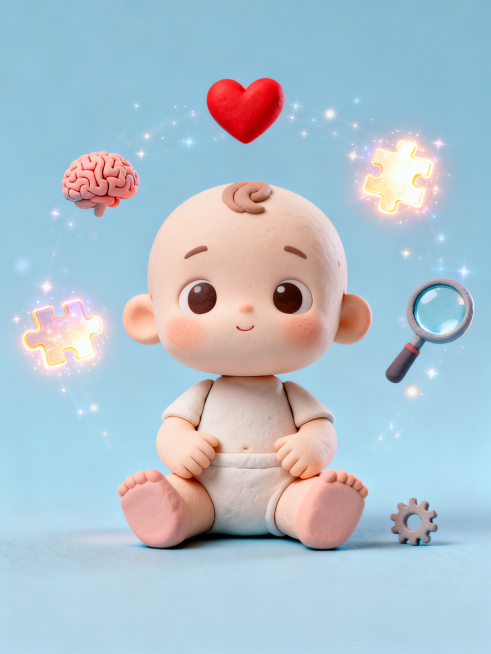 A cute cartoon chibi style baby sitting on the ground, surrounded by 5 floating glowing magical elem预览效果