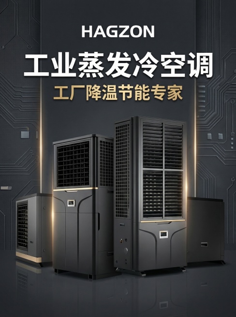 工业科技风，沉稳专业，3:4比例，首屏工业蒸发冷空调产品介绍图，突出产品高端质感，展示品牌名称及工业蒸发冷空调产品主图，搭配文字"工业蒸发冷空调 工厂降温节能专家"，背景为深灰科技纹理，符合电商详情页预览效果