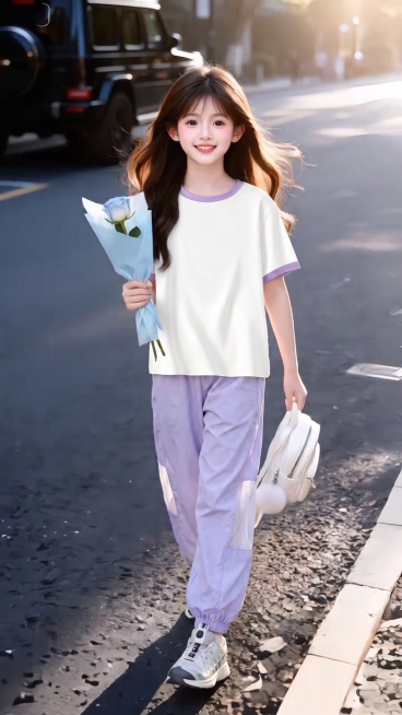 用图1的短袖和裤子替换图的2的模特穿的衣服裤子，保留原场景光影，保持图2的人物的五官和发型不变，图片宽高尺寸不变，背景不变，鞋子不变，人物姿势不变，保持图1的短袖和裤子的款式材质不变和颜色不变预览效果