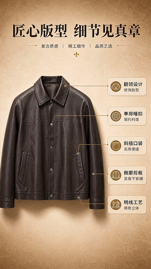 [商品] 使用【图1】深棕色翻领PU皮夹克；商品处理：保留翻领、单排暗扣、胸前分割线、斜插口袋、长袖收口、整体版型、深棕色皮质和做旧纹理；自然去除衣身杂乱褶皱与压痕，理顺垂坠，增强皮纹肌理、缝线、扣具五金质感，不改变版型、颜色和结构。
[画面] 目标：版型解析页，展示结构设计与穿搭优势。构图：左侧为皮夹克正面全貌大图（平铺或模特半身），右侧为引线标注区，从翻领、排扣、口袋、袖口、下摆等关键部位引出标签说明。主体占画面约60%，背景为浅暖棕色渐变+细腻纸张纹理，底部有柔和投影。阅读动线从左到右。
[视觉] 套系策略：风格=高级复古都市商业摄影；标题字=现代衬线粗体（带复古气质）；正文字=简洁无衬线体；主色=深棕+暖驼；背景延展=基于深棕暖驼做深浅层级、同色渐变和细腻皮革/纸张质感；强调色=古铜金，仅用于小面积图标、引线和标签；标题色=深棕黑；正文色=暖中灰；组件=圆角浅棕信息卡、细古铜色引线；光影=左前侧暖柔光，均匀明亮。
[文字] 顶部主标题「匠心版型 细节见真章」（8字），右侧5个引线标注卖点：翻领设计/修饰脸型、单排暗扣/简约利落、斜插口袋/实用便捷、微廓剪裁/显瘦不紧绷、明线工艺/精致立体。文字横向排版，不遮挡皮夹克主体结构。
[规格] 图片比例9:16竖版，4K分辨率，medium质量，避免变形、错字、文字过小、冷蓝背景、衣服颜色改变、版型失真、极限词。