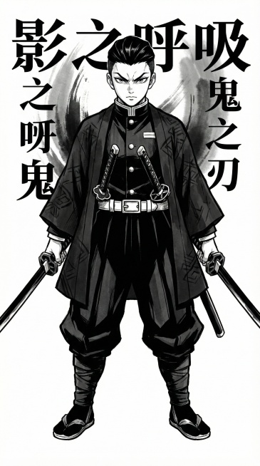 鬼灭之刃画风，全身中心对称男性角色，发型利落，身着黑为主色调的队服，配日轮刀，线条硬朗，风格热血预览效果