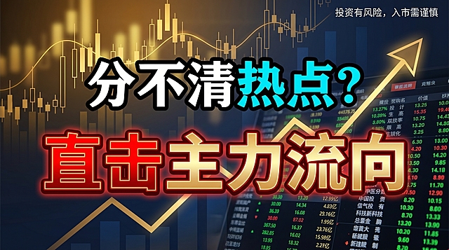 参考提供图片的字体设计风格，生成16:9比例的金融公众号封面图，背景包含K线、实盘、上升线等金融相关画面。右上角必须添加风险提示文字：“投资有风险，入市需谨慎”。画面主体为2行显示的标题：“分不清热点？直击主力流向”，标题字体配色多样，突出重点关键字，不得添加除标题和风险提示外的其他文案。