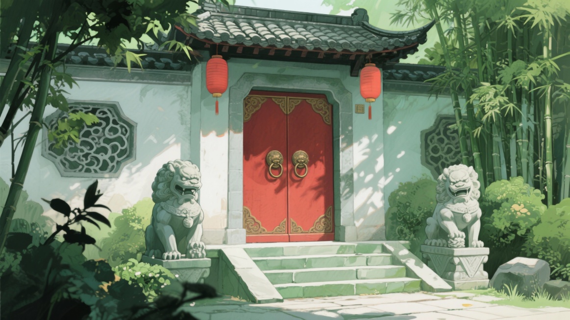 古风，绿色，大门，不要人，二次元，细节丰富，生成2张预览效果
