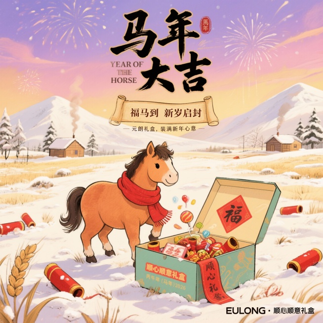 画面描述：一匹戴着红色围巾的小矮马，站在铺满雪花和麦穗的田野上，前蹄轻搭在一个打开的“顺心顺意礼盒”上，礼盒里飘出糖果、福字和小春联。背景是远处的小木屋和炊烟，天空有淡淡的彩霞。文字主题排版：预览效果