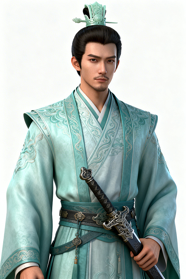 3D角色风融合古典中式美学，精致重拟物面料与金属剑饰展现优雅唯美感，青玉色华服尽显东方贵族气质。