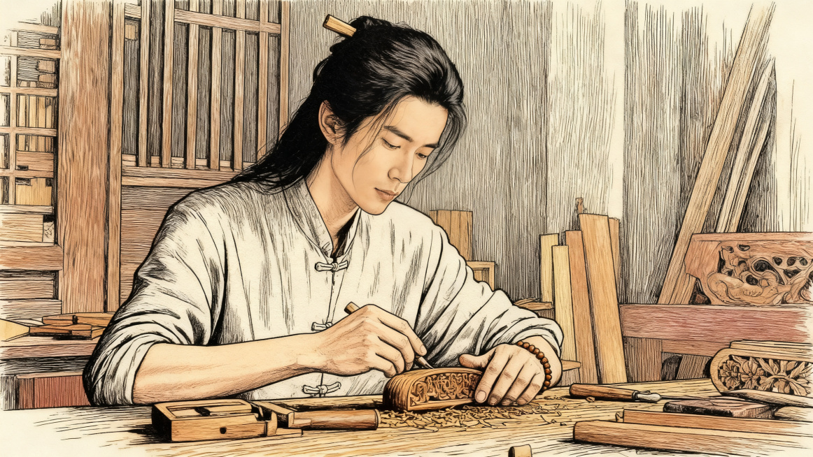 将照片转换成手绘插画风格，保留木艺匠人专注雕刻的内容和构图：清瘦挺拔的匠人，长发用金丝楠发簪挽起，身着浅灰棉麻中式布衣，左手戴金丝楠手串，在工坊木桌前专注雕刻木件，保留沉静儒雅的匠人气质预览效果