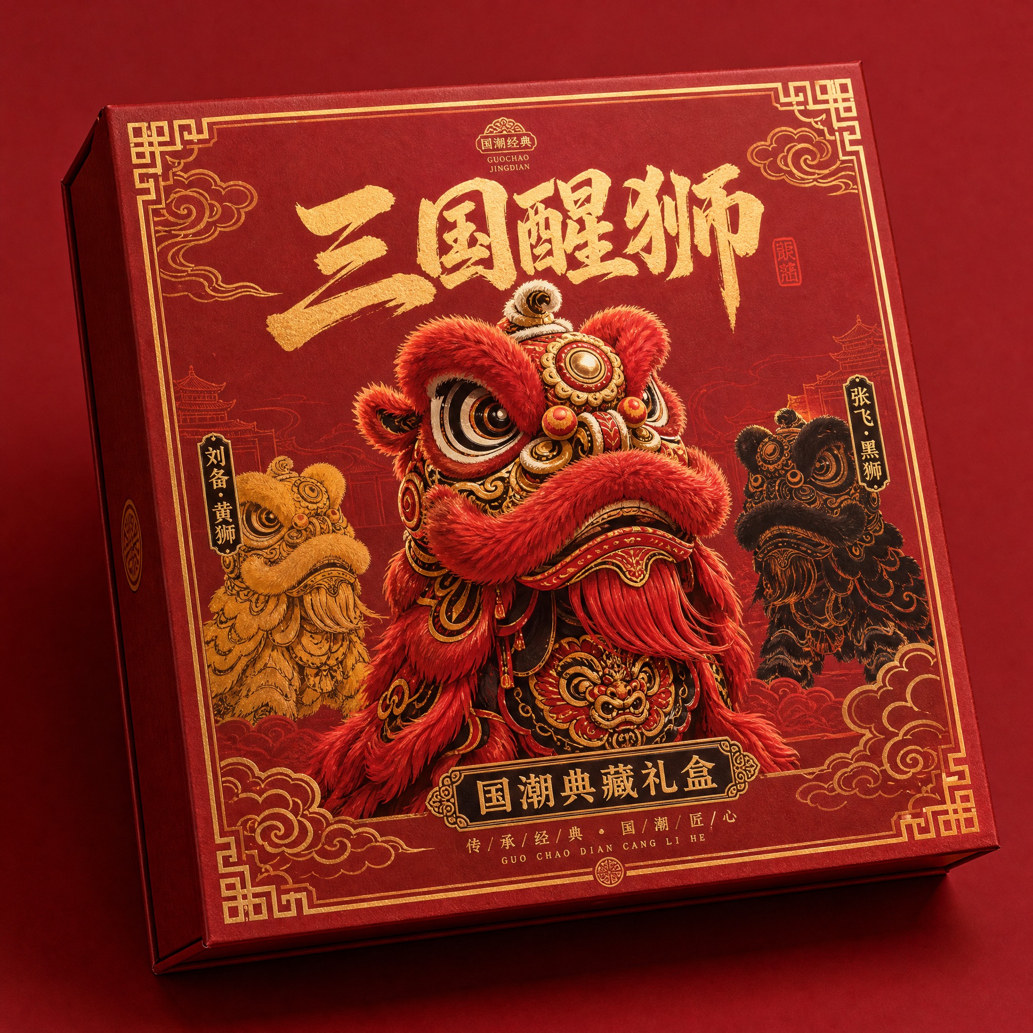 国潮文创礼盒包装正面效果图，主题为三国醒狮。礼盒为方形硬盒包装… - 图片创意预览