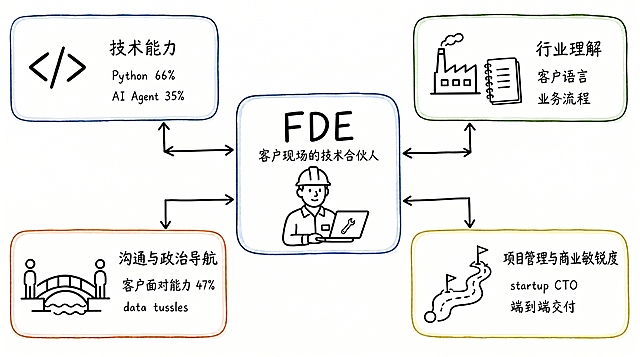 在原图基础上生成，美化流程图，去除右下角公众号水印，保留所有文字内容和结构，让整体更加精美清晰，手绘简笔画风格，色彩柔和，线条清晰，中心是FDE 客户现场的技术合伙人，四周四个模块分别是技术能力（Python 66%，AI Agent 35%）、行业理解（客户语言，业务流程）、沟通与政治导航（客户面对能力47%，data tussles）、项目管理与商业敏锐度（startup CTO，端到端交付）