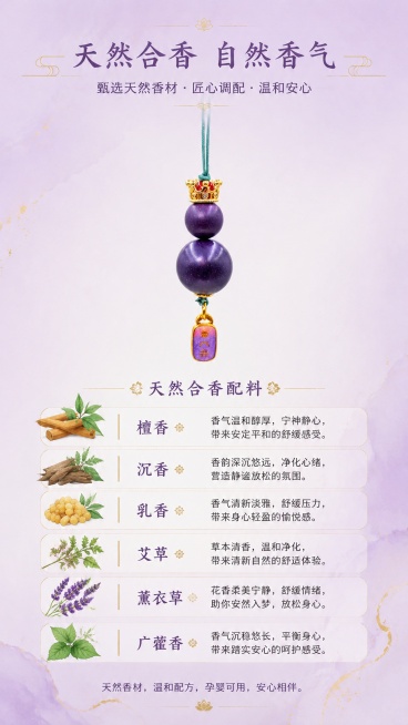 [第5屏] 合香配料介绍页，使用图1产品图。
[氛围/风格] 干净素雅，自然草本质感，国风设计。
[元素布局] 上方放置手机链产品整体图，下方分条展示天然合香配料信息，搭配简约草本小插图，排版清晰有条预览效果