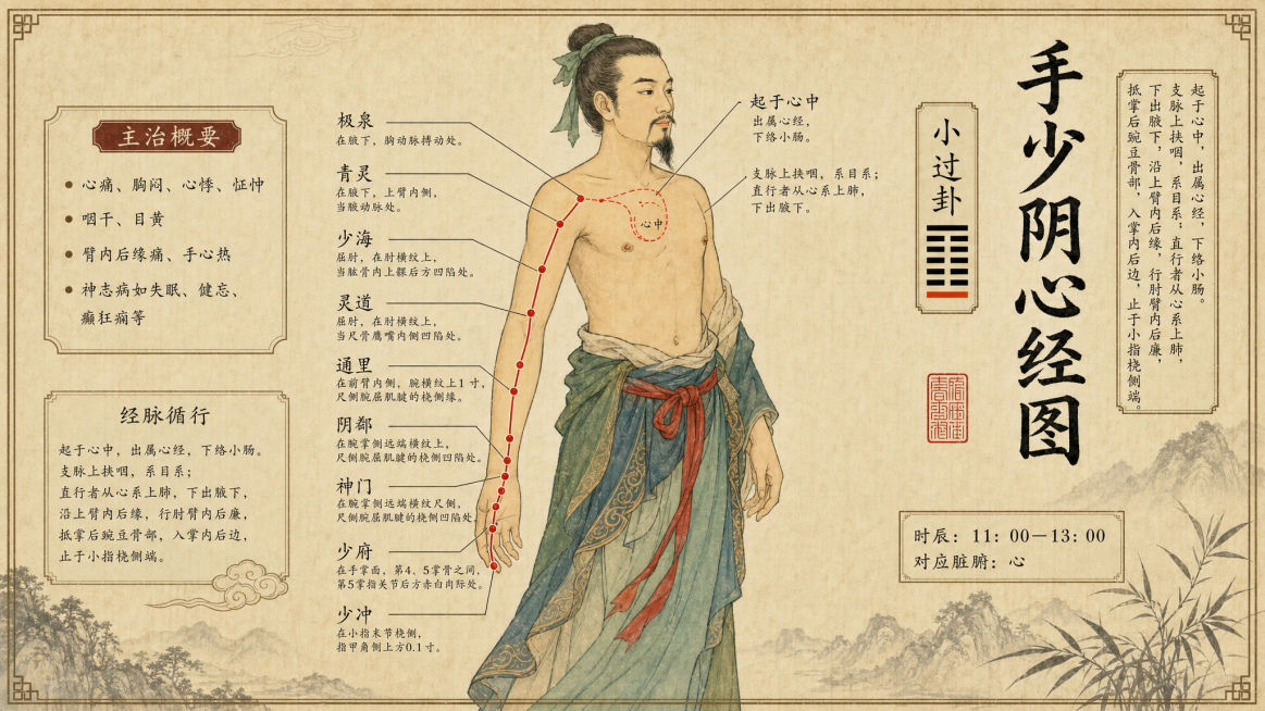 古法中医经络图，中国古风工笔画风格，手少阴心经图，包含穴位标注、主治概要、经络循行、时辰对应脏腑信息，版式和参考图一致，复古米黄色宣纸背景，搭配中式山水装饰，文字排版整齐清晰预览效果