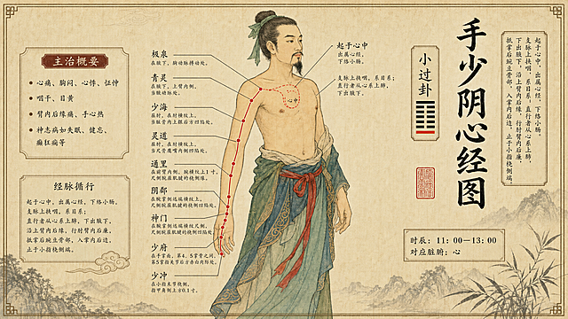 古法中医经络图，中国古风工笔画风格，手少阴心经图，包含穴位标注、主治概要、经络循行、时辰对应脏腑信息，版式和参考图一致，复古米黄色宣纸背景，搭配中式山水装饰，文字排版整齐清晰