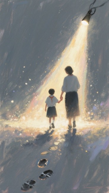 背景是纯黑色/深灰色，画面中央是“两道光”：一道是“倾斜的手电筒光”（模拟老师手中的灯），光线下是一道是远处的星光，两道光在画面中间交汇，形成“温暖的光斑”。  
光斑中隐约可见“一只手牵着另一只小手预览效果