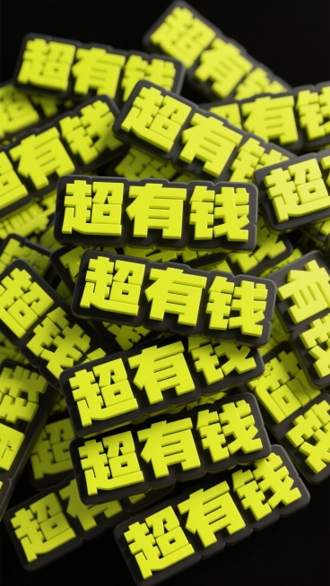 黑色背景上，大量 “超有钱” 文字以荧光黄色立体字粗体（带黑色外框）重复密集，重复交叠，交错叠放预览效果