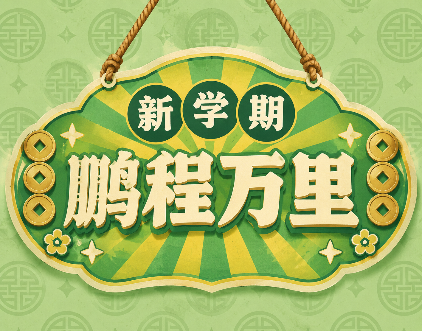 新学期主题复古挂牌风格小图，黄绿色系配色。画面中心是一个黄绿色… - 图片创意预览