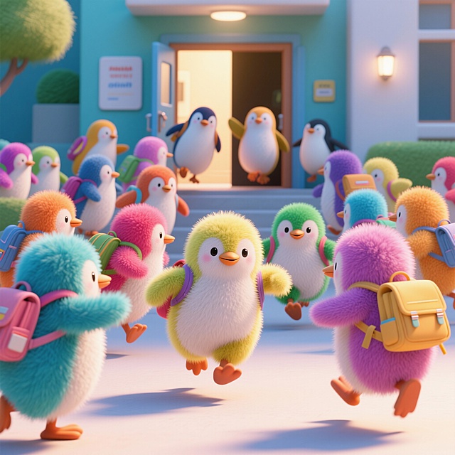 一群企鹅，许许多多五颜六色的企鹅，欢快地奔跑，背着书包往校门外跑