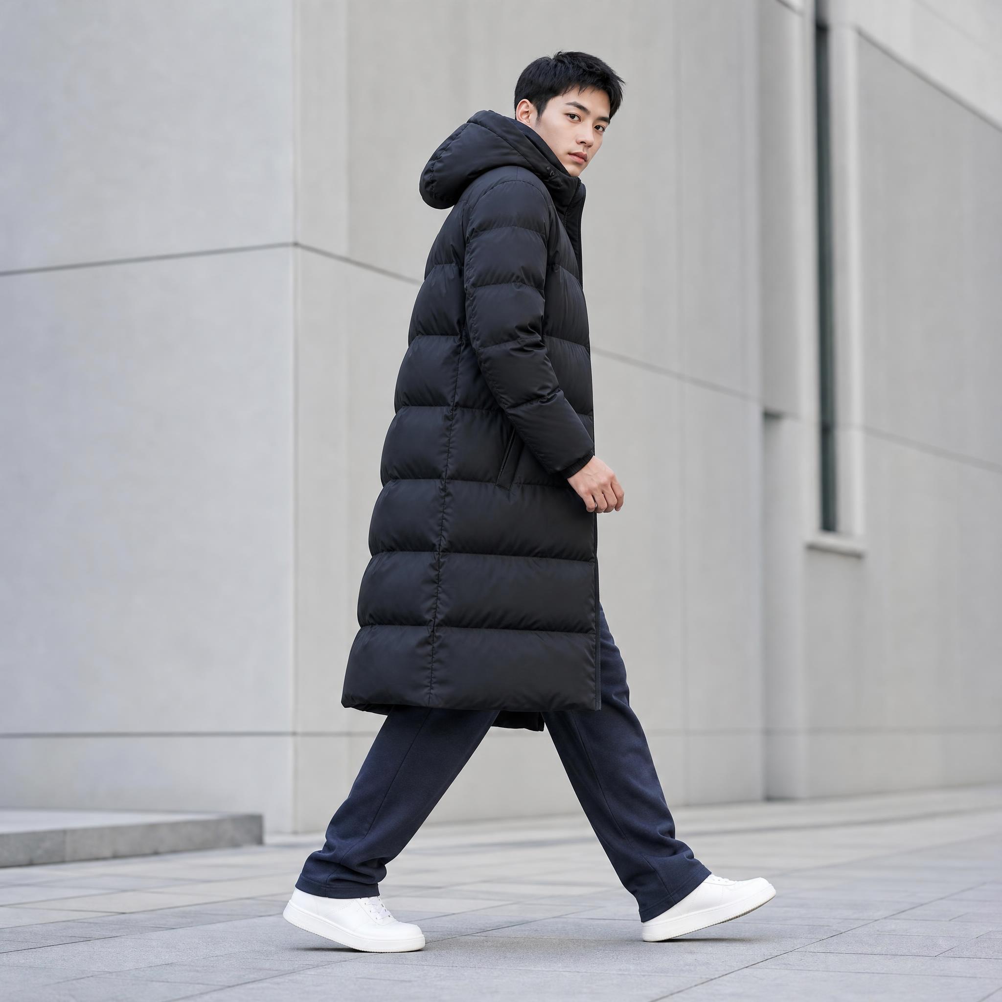 男士冬季整套穿搭侧面行走展示，黑色长款连帽羽绒服搭配藏青色松紧… - 图片创意预览