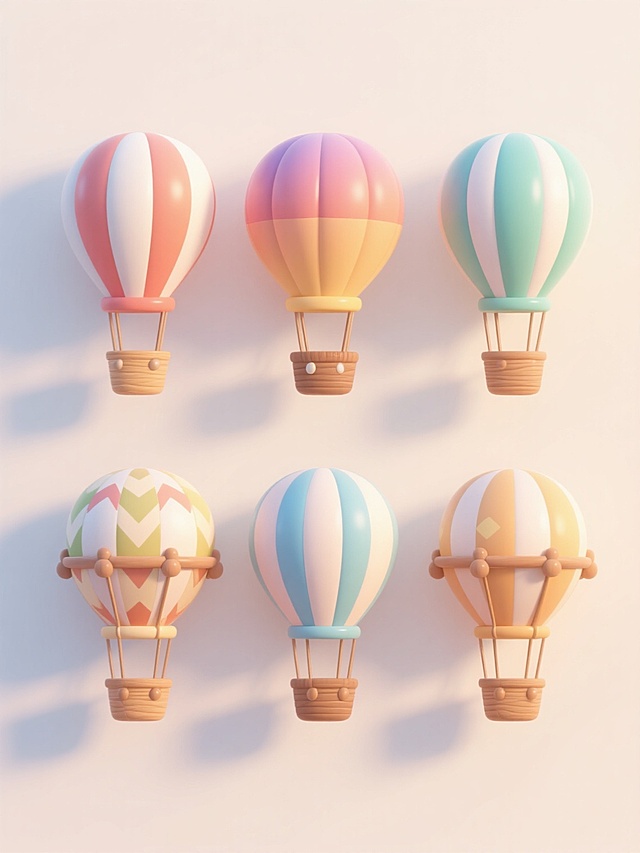 6个不同样式、不同配色的3D卡通热气球元素，每个热气球都具有圆润的外形、光滑的渐变色彩、清晰的条纹或图案纹理、木质纹理的吊篮和支架，柔和的高光与阴影表现出立体感，整体风格统一为可爱、简洁的3D插画风格，排列在浅色背景上，上下两行各3个整齐对齐，保持一致的大小比例和间距，营造出轻松愉快的氛围。