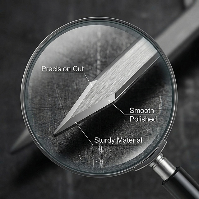 [Main Image 3] Product Detail Close-up, Magnifying glass effect highlights the precision cutting of the metal pointer, showing the sharp edges and smooth polished surface. Label the detail points with fine English description: "Precision Cut", "Smooth Polished", "Sturdy Material". Strictly maintain the product appearance consistent with the original image, high-definition macro photography, dark metal background, professional industrial texture. 2k resolution, 1:1