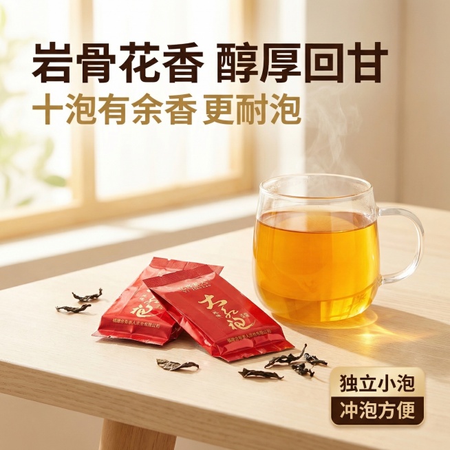 【主图1】大红袍商品首图，现代简约风格，自然暖阳逆光氛围，食欲感拉满。画面居中展示红色独立小泡包装的大红袍，旁边摆放一杯汤色透亮的茶汤，背景为浅米色简约茶室桌面，散落少量紧结的干茶条索，光影柔和通透。预览效果